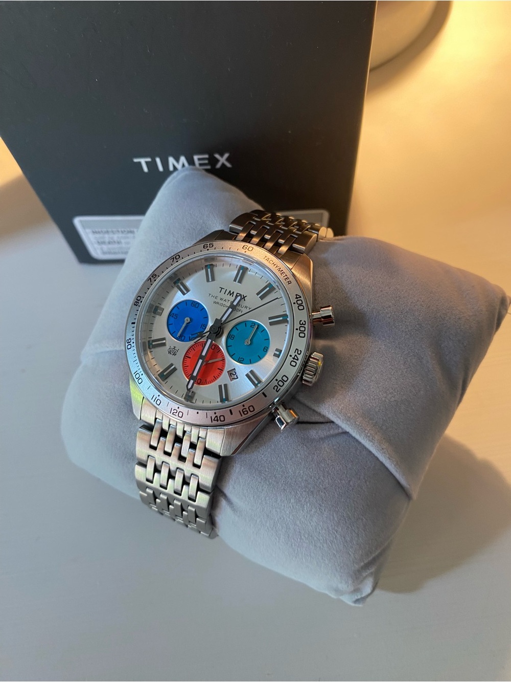 Timex Silver Chronograph Watch with Blue and Red Subdials